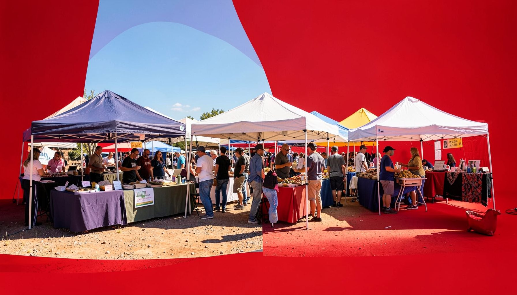 Vibrant outdoor community fair with vendor tents and displays under bright New Mexico sunshine, warm earthy tones and blue sky