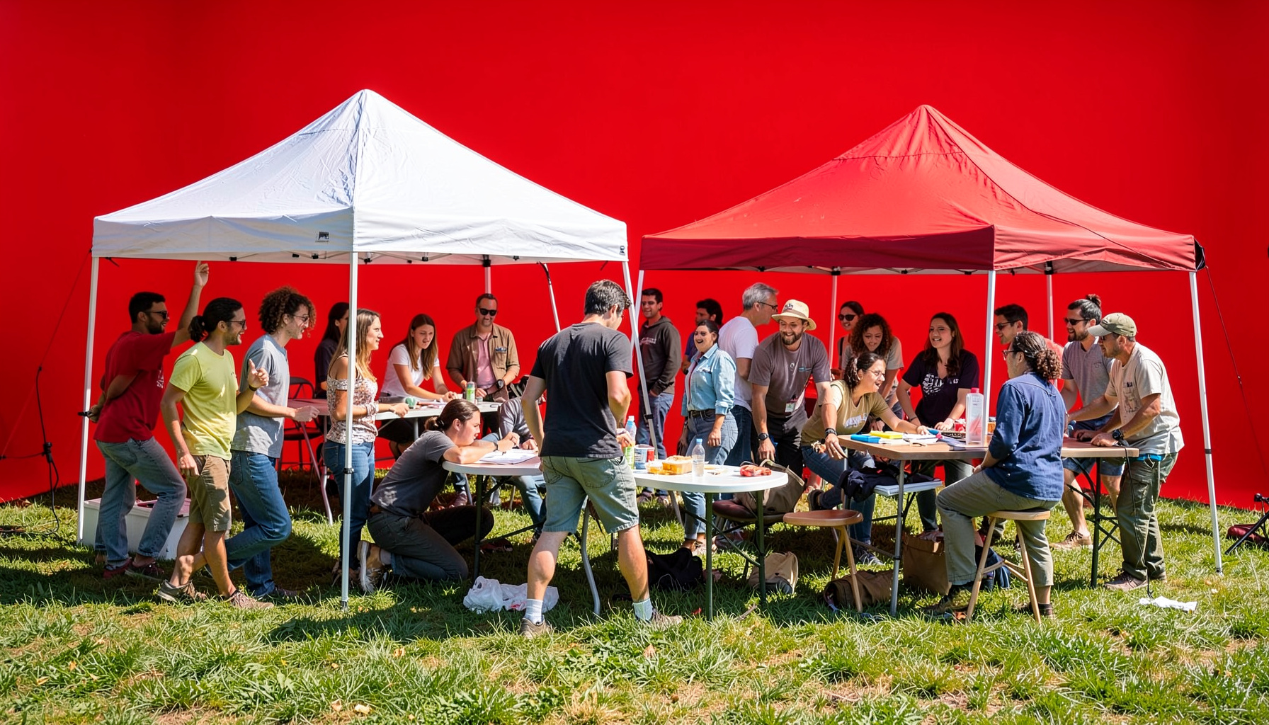 A diverse group of volunteers working together outdoors under bright sunlight, setting up event tents and tables on green grass, warm and energetic community atmosphere